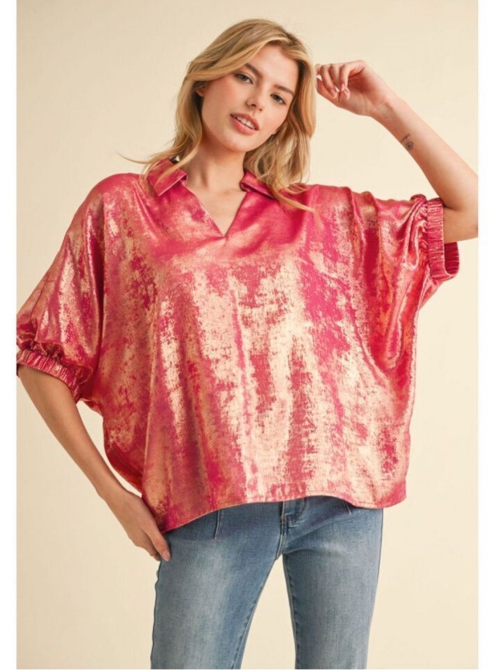 JODIFL METALLIC 1/2 DOLMAN SLEEVES TOP FUCHSIA SHIMMER OVERSIZED MEDIUM